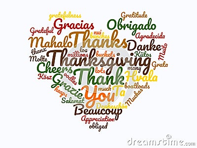 Thanksgiving wordcloud heart thank you gift gratitude grateful thanks love autumn fall colors inrspirational quotes Stock Photo