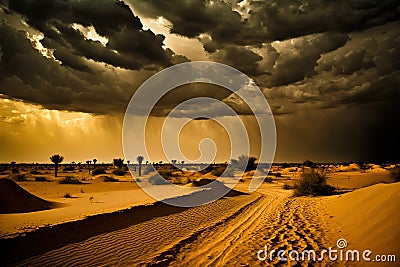 Thar desert Jaisalmer, Rajasthan, India at sunset with moody sky. stock photo Desert Area, Sunset, Sky, Thar Desert, Cloud, AI Stock Photo