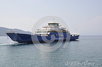 Thassos, August 21st: Ferryboat on the Aegean Sea near Thassos island in Greece Editorial Stock Photo