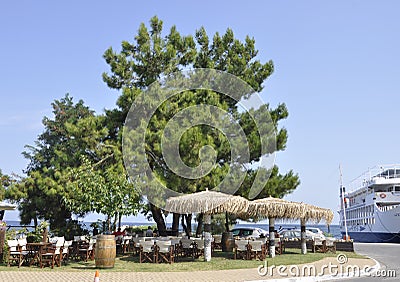 Thassos, August 20th: Terrace in Potos village from Thassos island in Greece Editorial Stock Photo