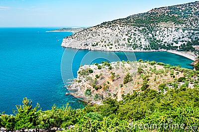 Thassos beautifull coastline - white sand, green forest and turquoise water Stock Photo