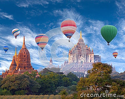 Colorful hot air balloons flying over Bagan, Myanmar Stock Photo