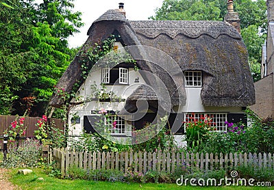 Thatched cottage with white walls and colourful garden. Editorial Stock Photo