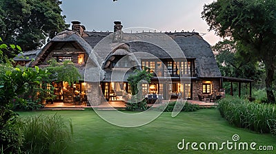 Thatched Roof Homestead Ambiance Stock Photo