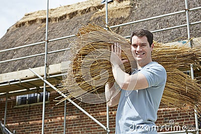 Thatcher Carrying Bundles Of Reeds Working On Roof Stock Photo
