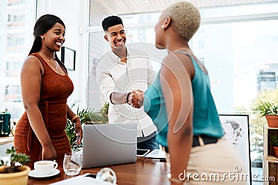 Thats what you call a winning pitch. a young businessman and businesswoman shaking hands in a modern office. Stock Photo