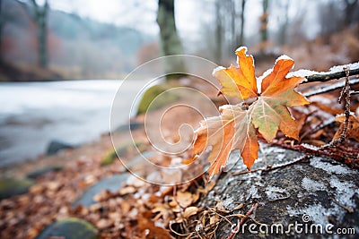 thawing frosted leaves near creek Stock Photo