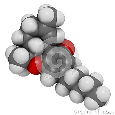 THC (delta-9-tetrahydrocannabinol, dronabinol) cannabis drug molecule. Atoms are represented as spheres with conventional color Stock Photo