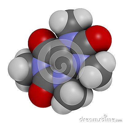 Theacrine molecule. Caffeine analog present in kucha tea. 3D rendering. Atoms are represented as spheres with conventional color Stock Photo