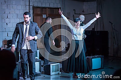 Theater actor artists on stage perform play for audience Stock Photo