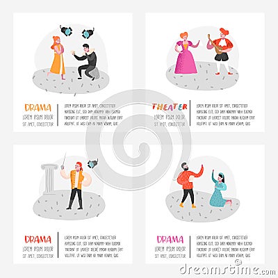 Theater Actor Characters Set. Flat People Theatrical Stage Poster. Artistic Perfomances Man and Woman Vector Illustration