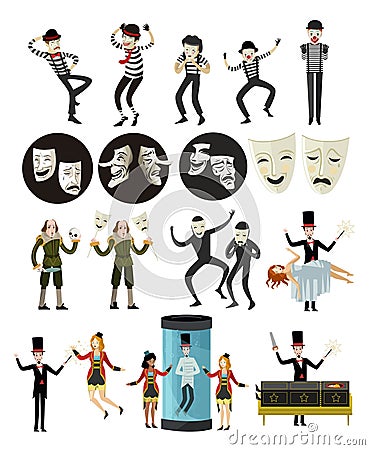 Theater actors clowns mime writers and magician Vector Illustration