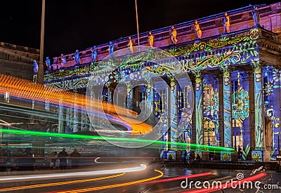 The theater in Bordeaux illuminated for Christmas in technicolor in long exposure Editorial Stock Photo