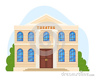 Theater building, architecture exterior, cinema entertainment, isolated on white, classic event, flat style vector Vector Illustration