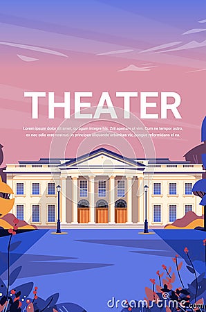 Theater building with classical architecture front view colorful landscape and sky background main subject concept Vector Illustration