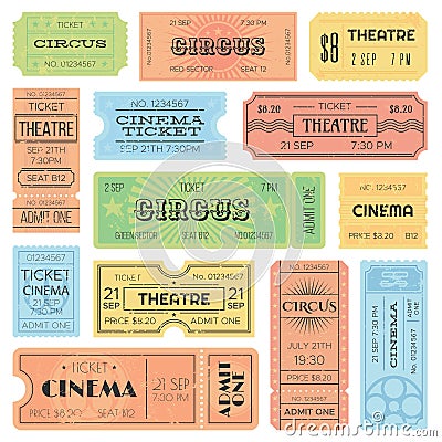 Theater or cinema admit one tickets, circus coupons and vintage old receipt. Retro ticket collection vector design Vector Illustration