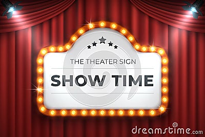 Theater cinema sign. Movie light frame, retro marquee banner on red background. Vector light bulb realistic billboard Vector Illustration