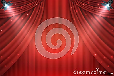 Theater curtains background. Realistic red drapes, 3D realistic movie award stage. Vector entertainment shows premiere Vector Illustration