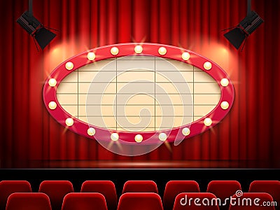Theater frame illuminated by spotlight. Retro cinema sign with border decorated with lamps on red curtains Vector Illustration