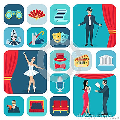 Theater Icons Flat Set Vector Illustration