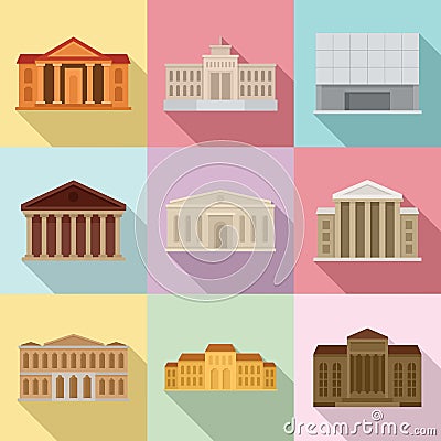 Theater museum icons set, flat style Vector Illustration