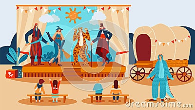 Theater performance for kids, show actors dressed in costumes playing fairytale on scene before children cartoon vector Vector Illustration