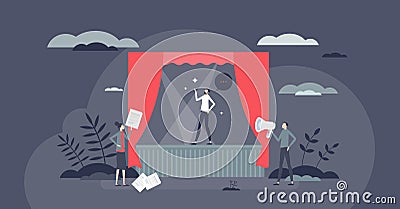 Theater rehearsal and dramatic performance on stage tiny person concept Vector Illustration