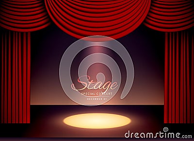 Theater scene with red curtains and falling spot light Vector Illustration