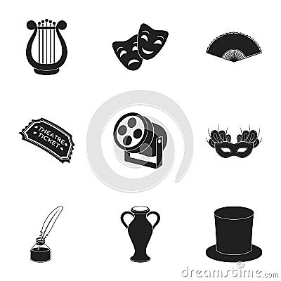 Theater set icons in black style. Big collection of theater vector symbol stock illustration Vector Illustration