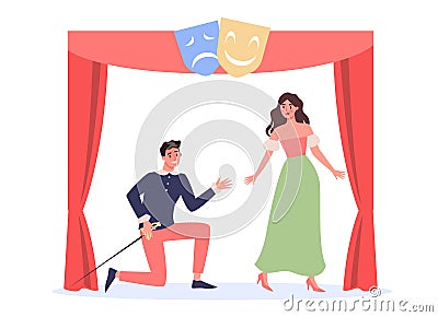 Theater show. Female and male actors in costumes perfom a play Vector Illustration