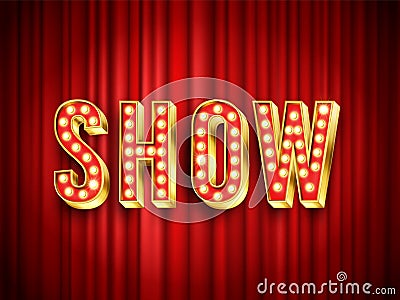 Theater show label. Red curtain for stage, drapery theater Vector Illustration