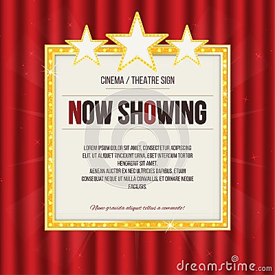 Theater sign or cinema sign with stars on red curtain. Gold retro signboard Vector Illustration