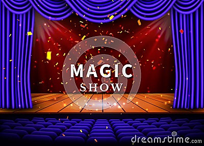 A theater stage with a blue curtain and a spotlight and wooden floor. Magic Show poster. Vector Vector Illustration