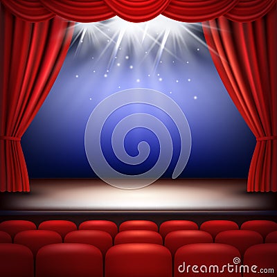 Theater stage. Festive background audience movie opera light with red silk curtains and auditorium seats vector Vector Illustration