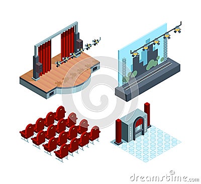 Theater stage isometric. Opera ballet hall interior red curtain actors theater seat vector collection Vector Illustration