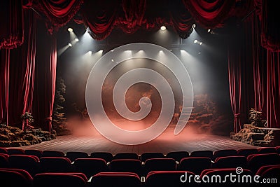 Theater stage light background with spotlight illuminated the stage for opera performance. Empty stage with warm ambiance colors, Stock Photo