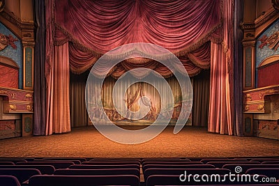 theater stage with open curtains and no audience Stock Photo