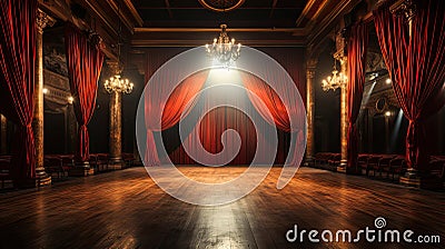 Theater stage with red curtain. Stock Photo