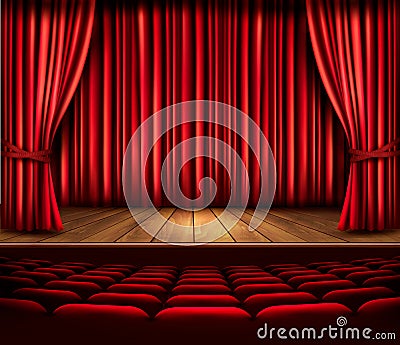 A theater stage with a red curtain, seats and a spotlight. Vector. Vector Illustration