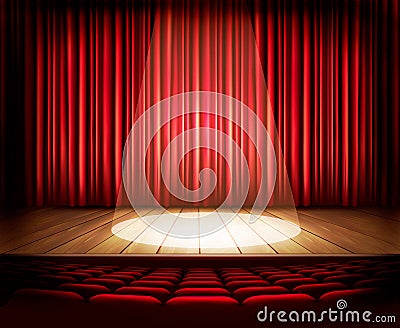 A theater stage with a red curtain, seats and a spotlight. Vector Illustration