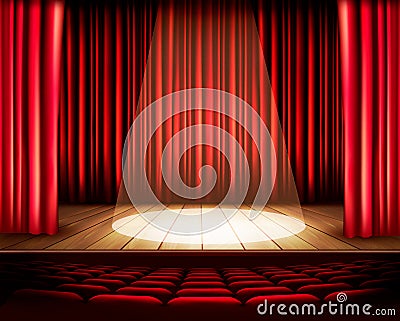 A theater stage with a red curtain, seats and a spotlight Vector Illustration