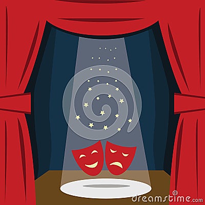 A theater stage with a red curtain, seats. Vector Vector Illustration