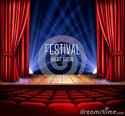 A theater stage with a red curtain and a spotlight. Festival night show poster. Vector. Vector Illustration