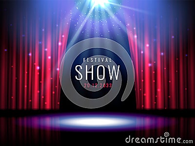 Theater stage with red curtain and spotlight Vector festive template with lights and scene. Poster design for concert Vector Illustration