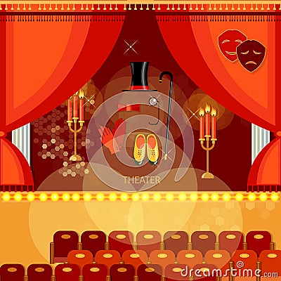 Theater stage with red curtain theatre hall actors scenario Vector Illustration