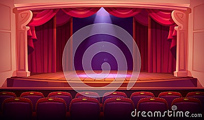 Theater empty stage with red curtains, spotlights Vector Illustration