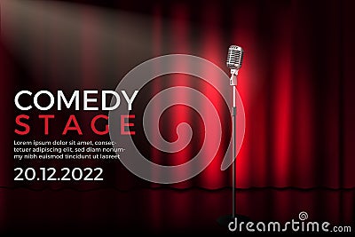 Theater stage. Standup performance banner. Light beam. Realistic curtain and microphone. Music spot. Spotlight on comedy Vector Illustration