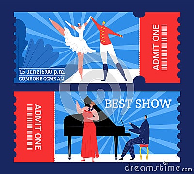 Theater tickets to best show, entertainment performance, vector illustration. Coupon design set for retro event, concert Vector Illustration