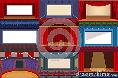 Theater vector theatre stage and theatrical opera performance illustration theatrically set of cinema interior and Vector Illustration