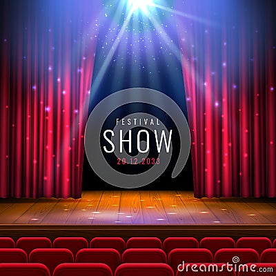 Theater wooden stage with red curtain, spotlight, seats.Vector festive template with lights and scene. Poster design for Vector Illustration